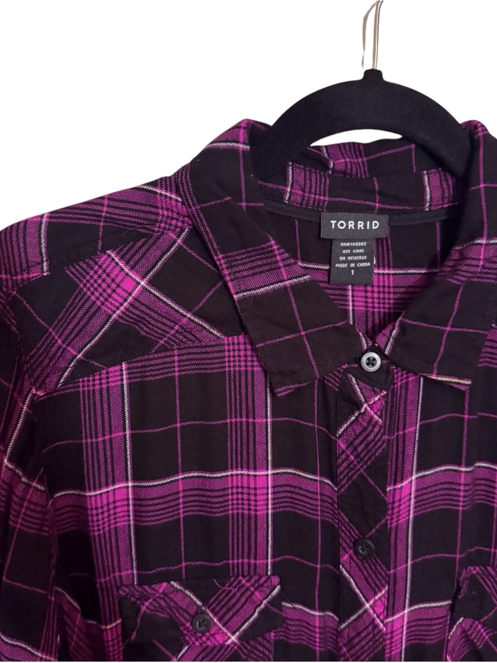 Torrid Size 1X Purple Black Plaid Button Up Top Long Sleeve Rayon Grunge Tunic - Picture 2 of 6